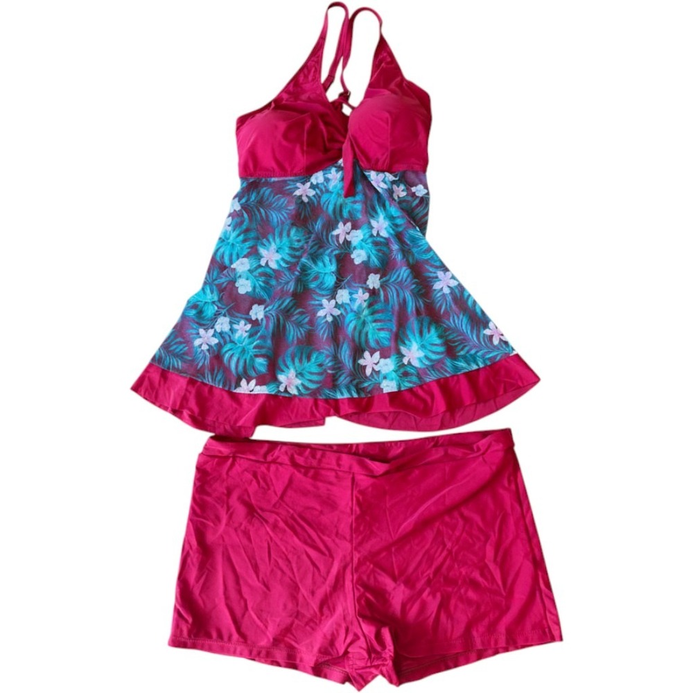 Womens Magenta Tropical Palm Print Tankini Set Boy Shorts Swimsuit Plus Size 5XL